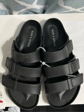 Sun + Stone Black Slide Sandals with Textured Soles